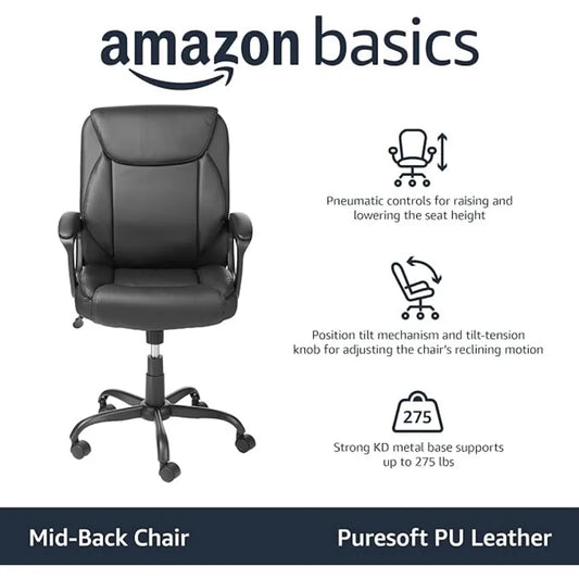 WQ16 Mid Back Office Chair Ribbed PU Leather Executive Modern Adjustable Home Office Chair Vintage Comfortable