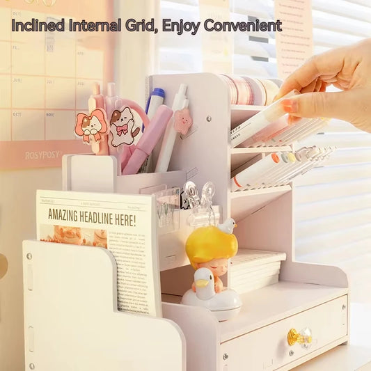 Mark Pen Pencil Holder Wooden Desk Organizers Shelves Accessories Desktop Stationery Organizer Bookshelf Office