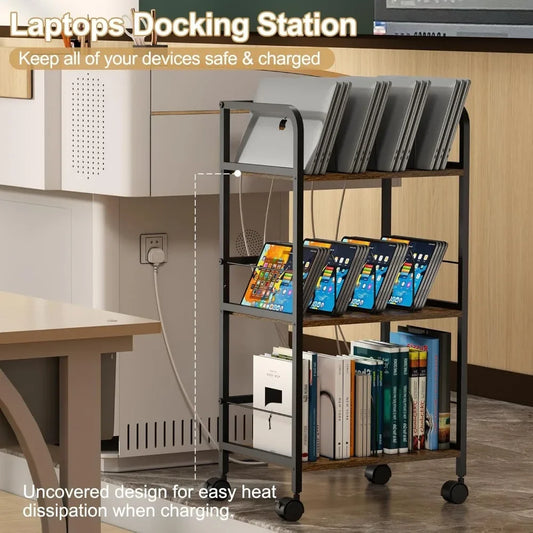 Rolling utility cart, 3-tier mobile device storage rack and file organizer, solid metal frame mass storage cart