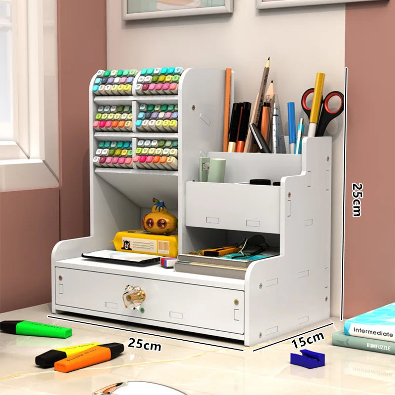 Mark Pen Pencil Holder Wooden Desk Organizers Shelves Accessories Desktop Stationery Organizer Bookshelf Office