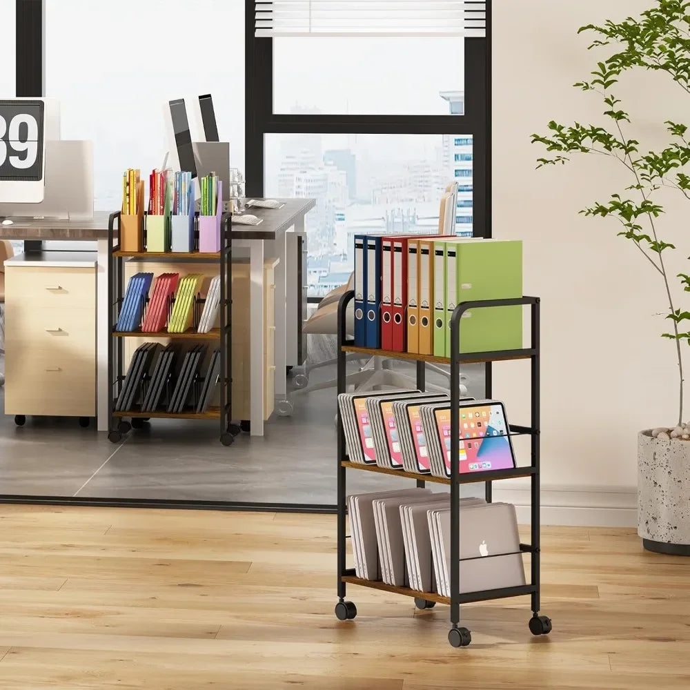 Rolling utility cart, 3-tier mobile device storage rack and file organizer, solid metal frame mass storage cart