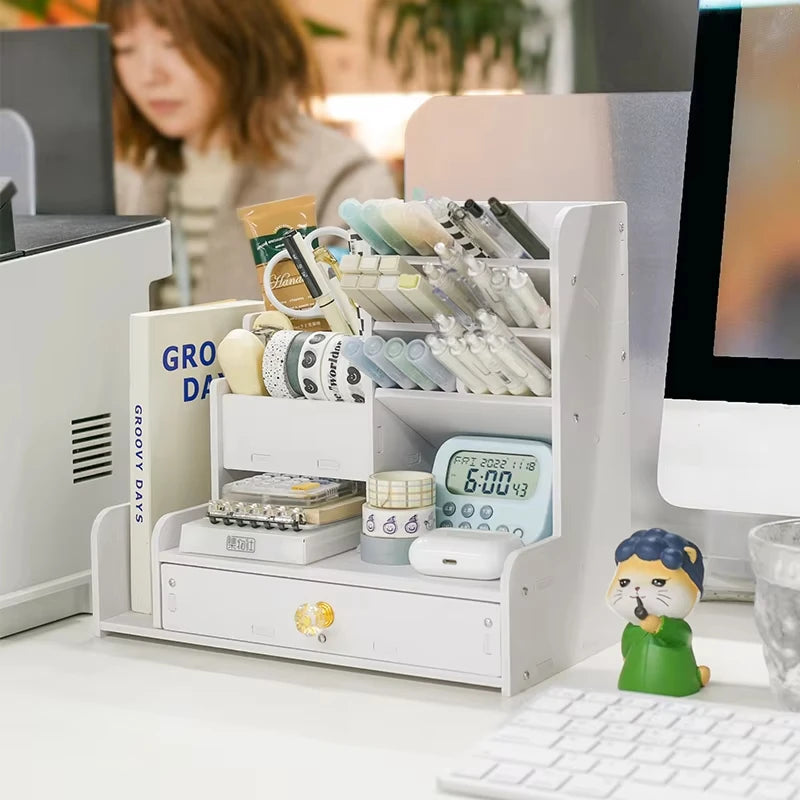 Mark Pen Pencil Holder Wooden Desk Organizers Shelves Accessories Desktop Stationery Organizer Bookshelf Office
