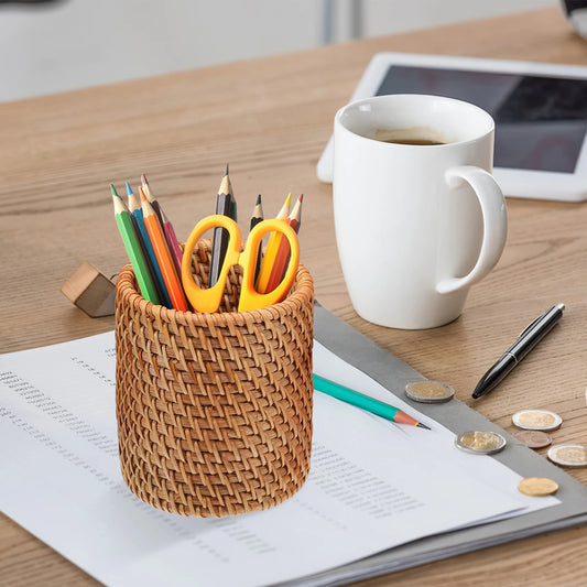 2pcs Handmade Rattan Pen Cup Woven Pen Holders Pencil Holder Cosmetic Pen Holder Desk Storage