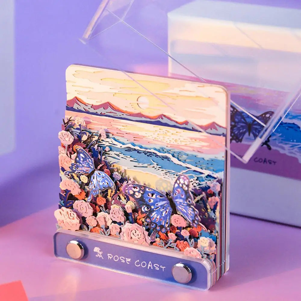 2025 Paper Carving Sticky Note Calendar Creative Rose Coast Time Piece Calendar 3D Memo Pad Calendar