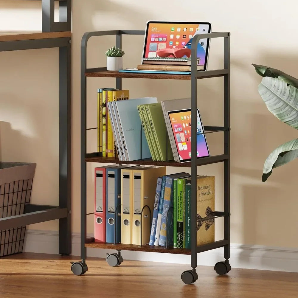 Rolling utility cart, 3-tier mobile device storage rack and file organizer, solid metal frame mass storage cart