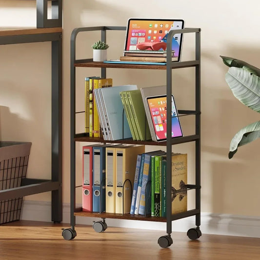 Rolling utility cart, 3-tier mobile device storage rack and file organizer, solid metal frame mass storage cart