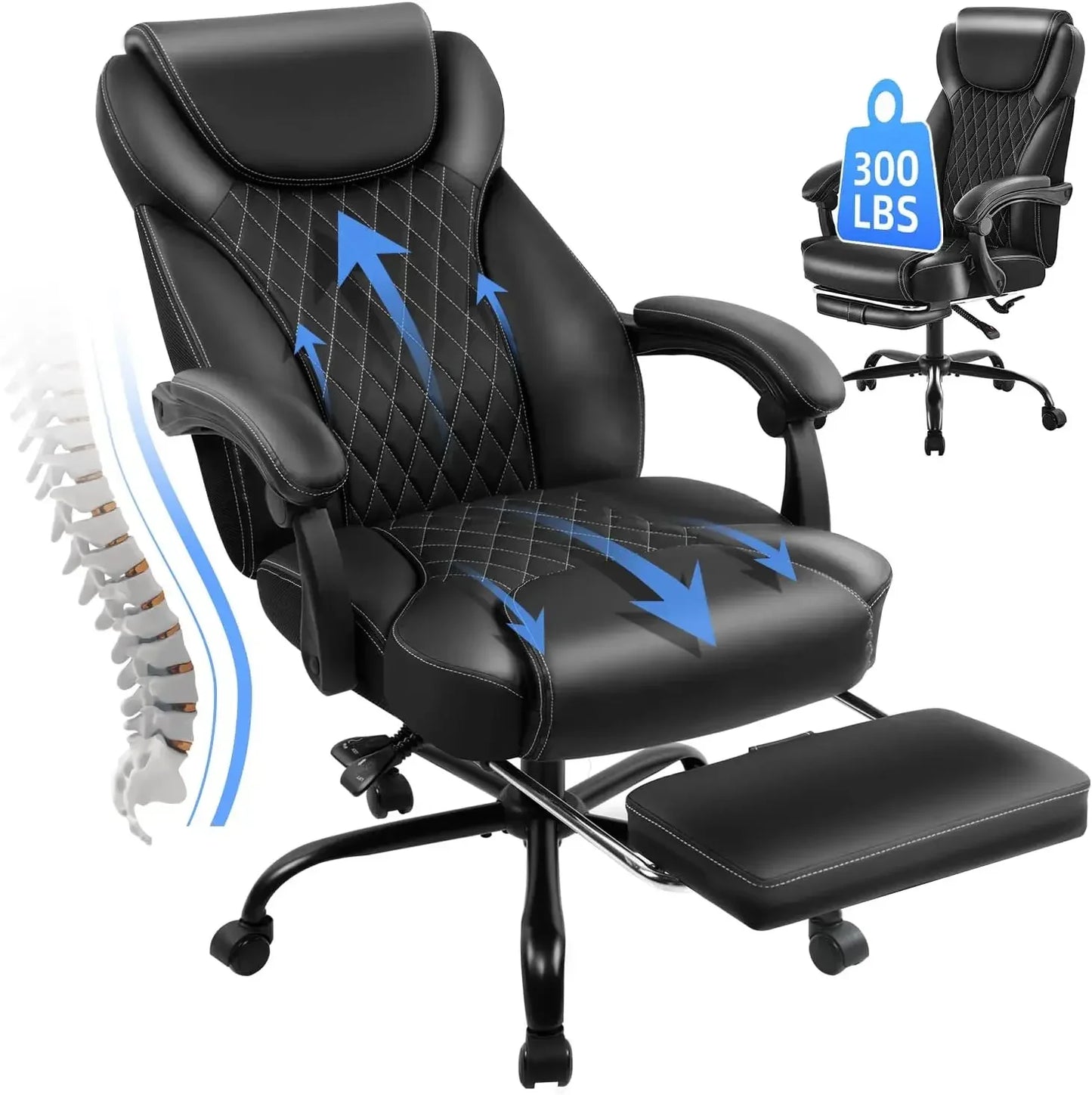 Big and Tall Office Chair with Foot Rest Ergonomic Home Office Desk Chairs Reclining High Back Leather Chair