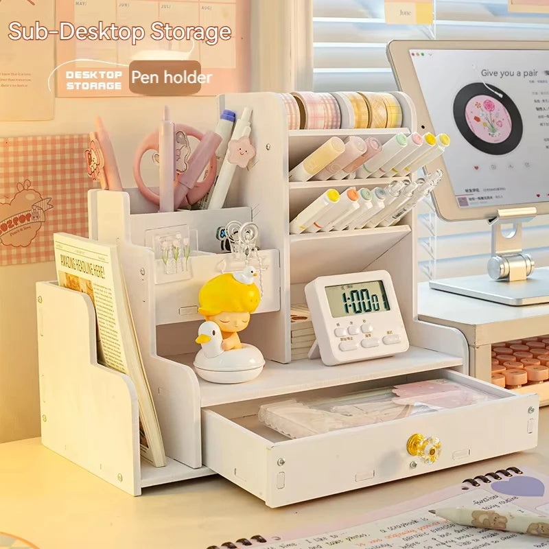 Mark Pen Pencil Holder Wooden Desk Organizers Shelves Accessories Desktop Stationery Organizer Bookshelf Office