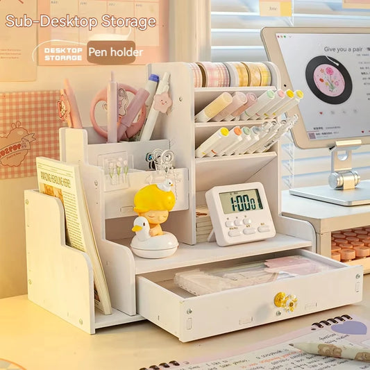 Mark Pen Pencil Holder Wooden Desk Organizers Shelves Accessories Desktop Stationery Organizer Bookshelf Office