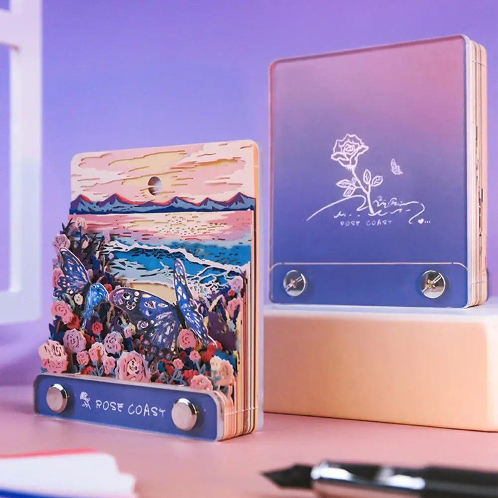 2025 Paper Carving Sticky Note Calendar Creative Rose Coast Time Piece Calendar 3D Memo Pad Calendar