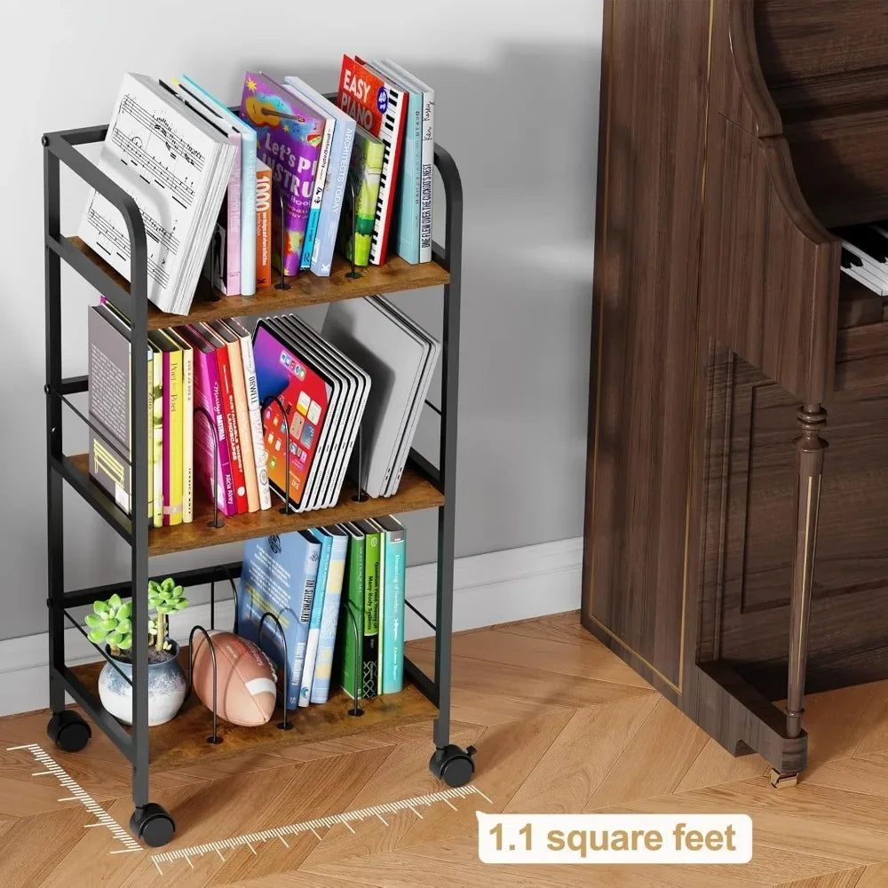Rolling utility cart, 3-tier mobile device storage rack and file organizer, solid metal frame mass storage cart