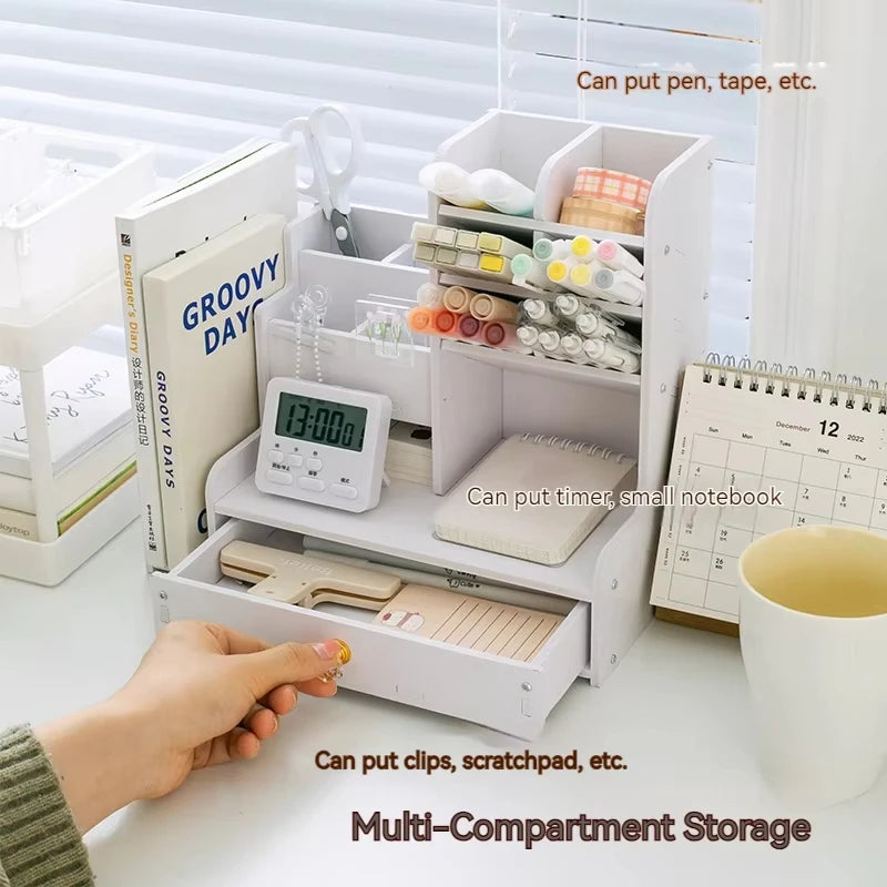 Mark Pen Pencil Holder Wooden Desk Organizers Shelves Accessories Desktop Stationery Organizer Bookshelf Office